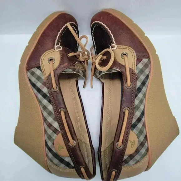 Sperry Top-Sider Wedge Heels Blue Plaid "Goldfish" Size 7.5 M Brown Leather - Picture 10 of 11
